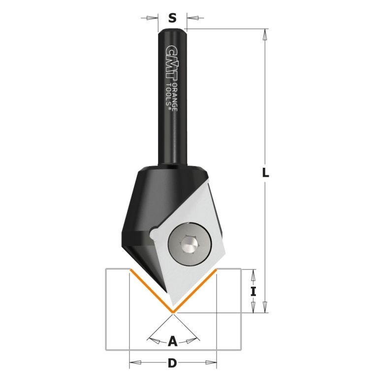 Freză CMT 665.200 cu plăcuță reversibilă pentru caneluri V 90° – dimensiuni